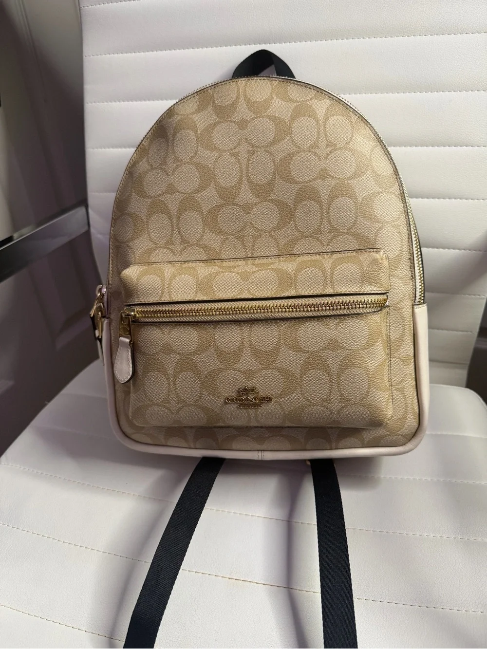 Coach Beige Signature Mini Backpack with Gold Hardware